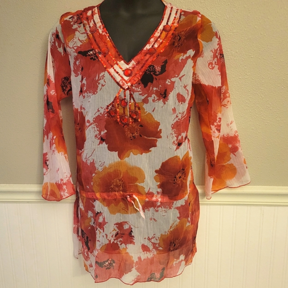 Sahiba Sheer Dress Vintage Red Beaded Orange Floral India Coverup Tunic M